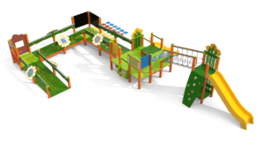 CESMXSR inclusivo self ramp. struttura multifunzione inclusiva con rampa 11m per salita autonoma con carrozzina. Rampa pendenza 6% con 2 pianerottoli. Torre di arrivo molto spaziosa 2,4x2,25m. Ponte corde di collegamento alla torre h145 con scivolo e rampa di arrampicata. la torre alta ha una panca nella parte sotto. 14 pannelli ludici lungo il percorso e sulla piattaforma. scivolo h 95cm con pedana di ausilio per chi è in carrozzina.
