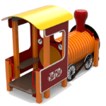 Loco Loco, gioco per parco a forma di locomotiva del trenino Ciuf Ciuf, con panche, tunnel e comandi di guida. Struttura in alluminio, pannelli in polietilene. by Stileurbano
