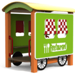 Risto Wagon. gioco a forma di vagone Ristorante con pannelli ludici del trenino Ciuf Ciuf, con tavolo e panche. Struttura in alluminio, pannelli in polietilene. by Stileurbano